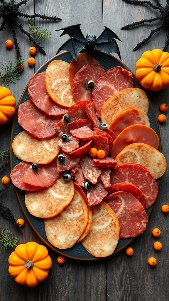 A Halloween-themed charcuterie board featuring creepy cured meats, decorated with mini pumpkins and orange accents.