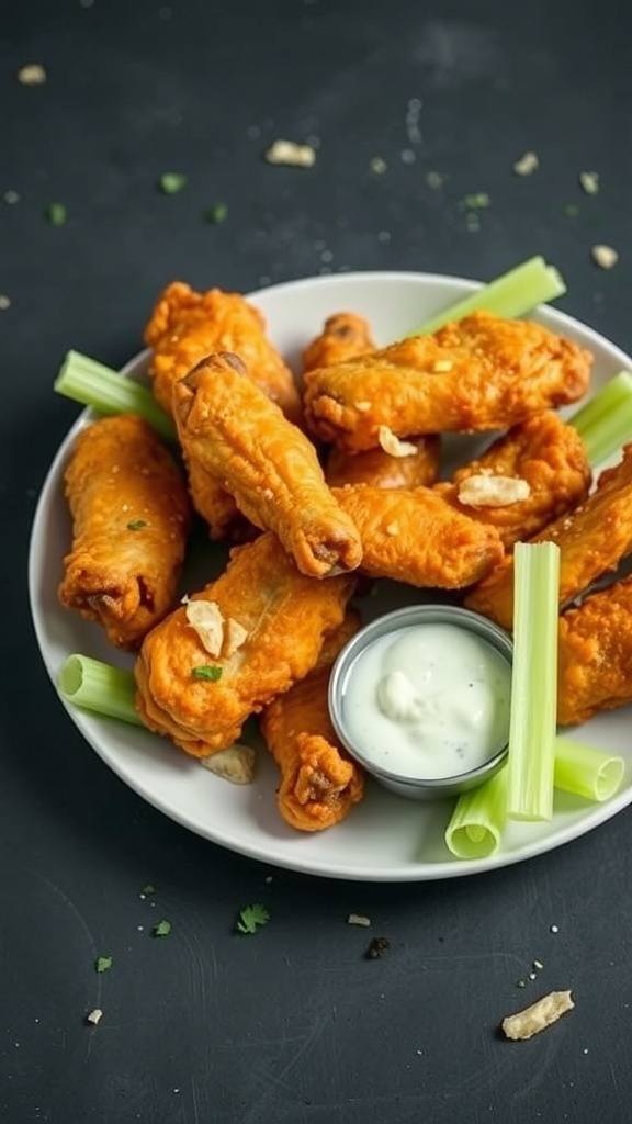 A plate of crispy air fryer chicken wings served with celery sticks and ranch dressing.