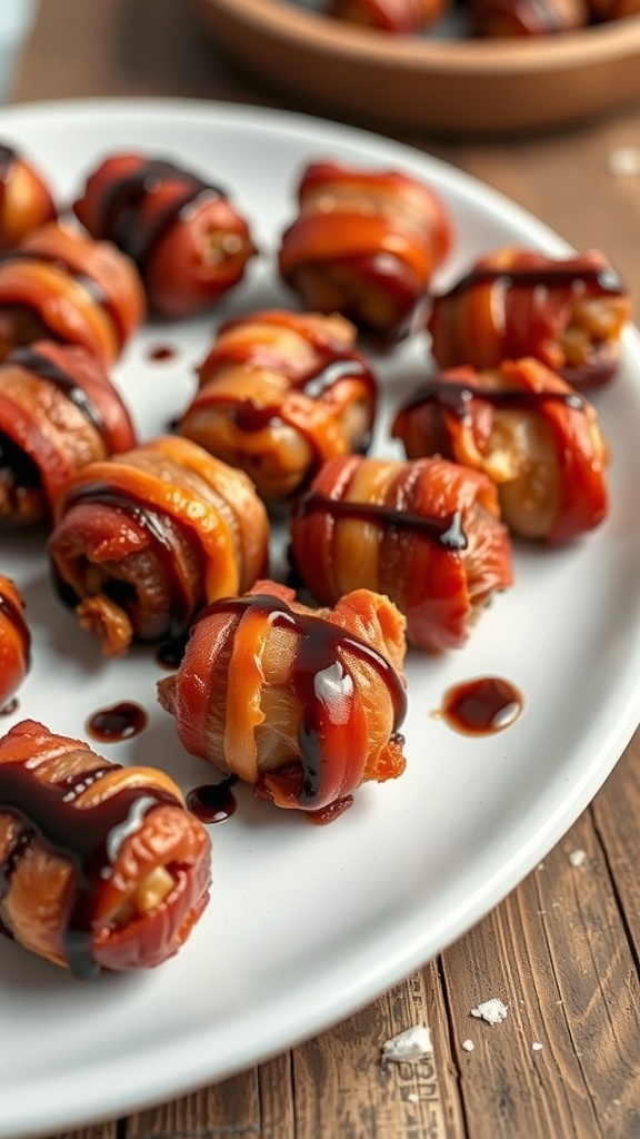 A plate of crispy bacon-wrapped dates drizzled with balsamic glaze.