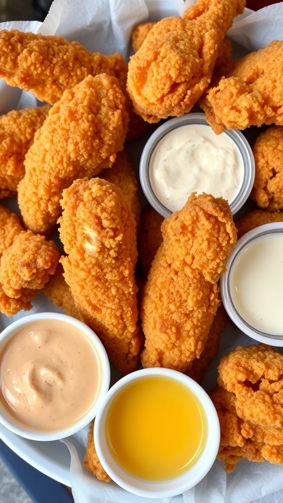A platter of crispy chicken tenders with various dipping sauces
