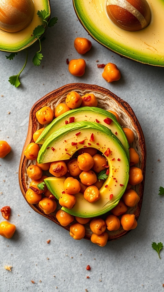 A slice of toast topped with avocado slices and crispy chickpeas, garnished with red pepper flakes and cilantro.