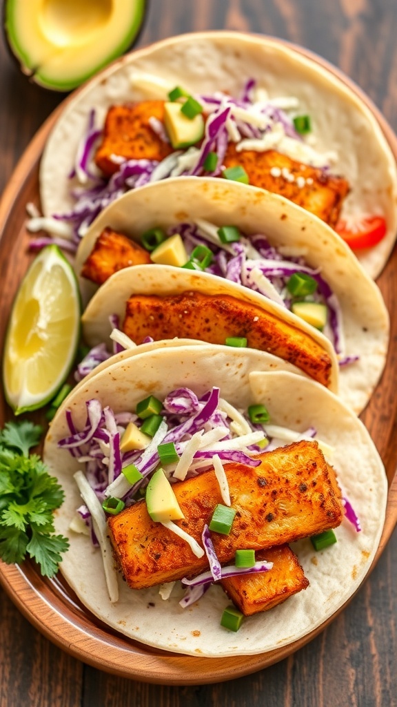 A plate of crispy fish tacos with cabbage, avocado, and lime