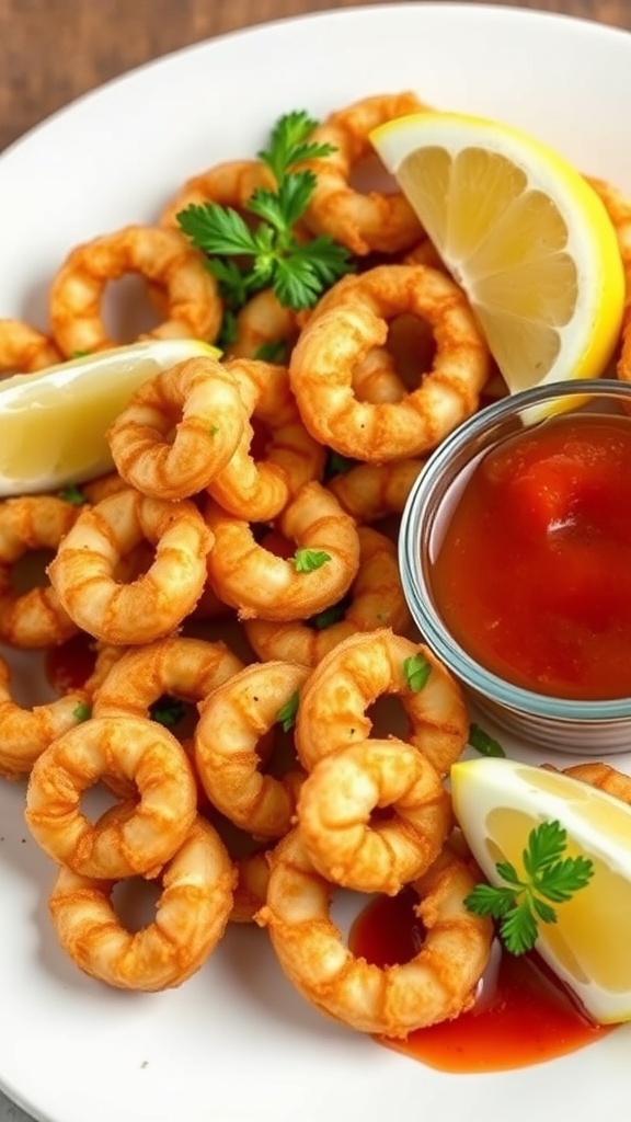 A plate of crispy fried calamari served with lemon wedges and dipping sauce.