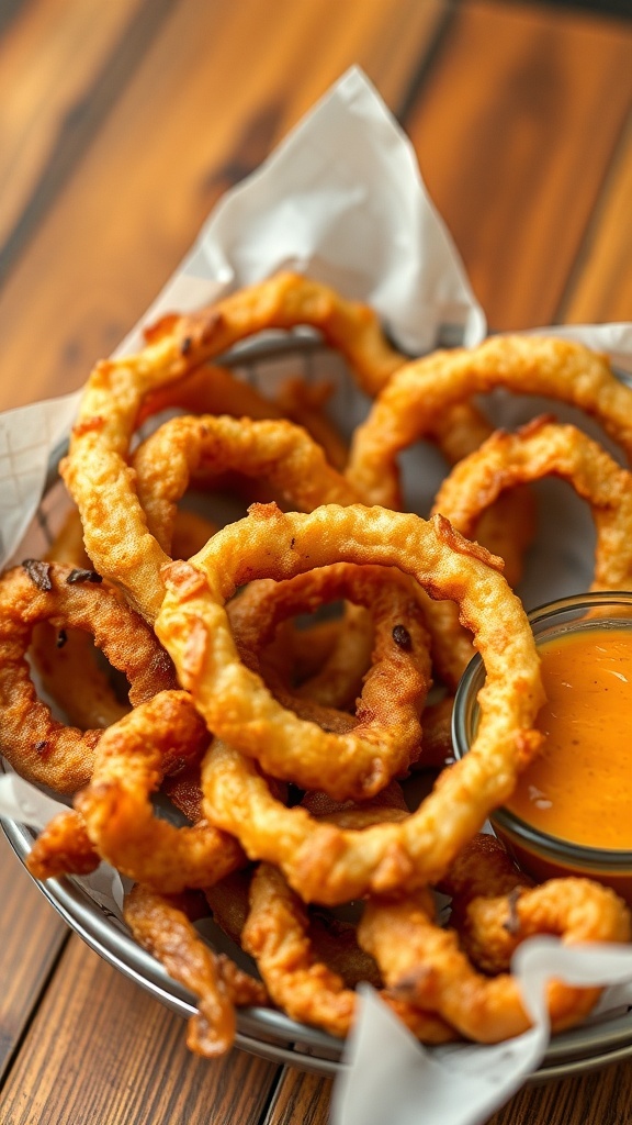 A basket of crispy onion rings with a side of dipping sauce.