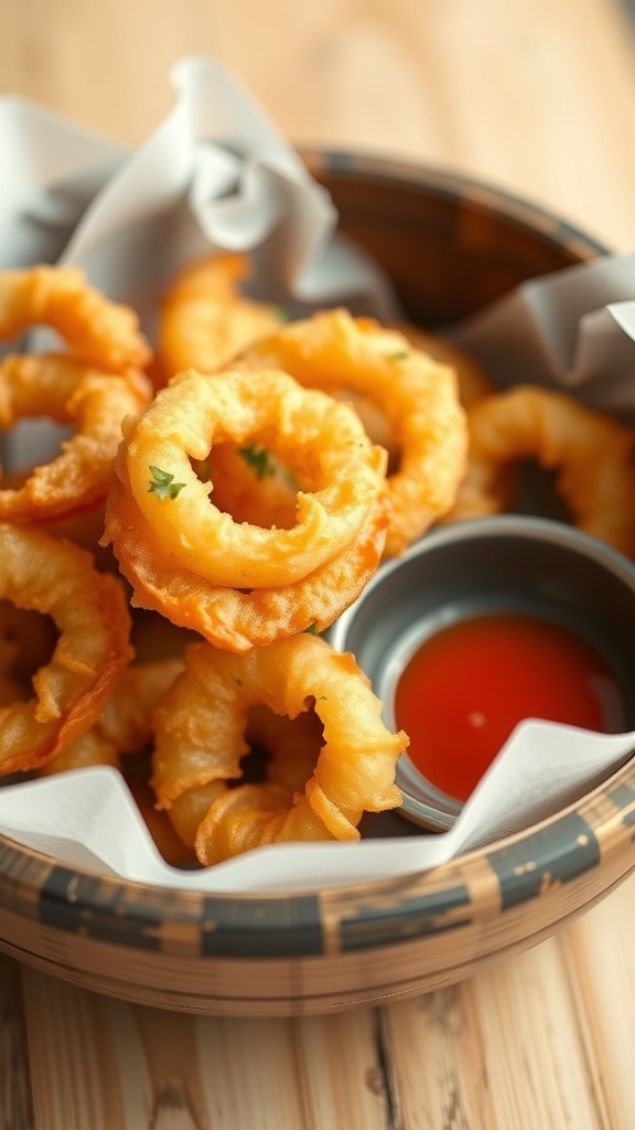 A bowl of crispy onion rings served with a spicy dip.