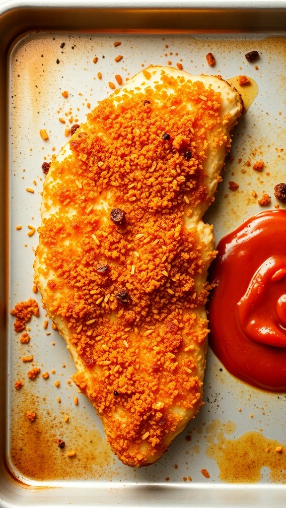 Crispy Parmesan Chicken breast on a baking sheet with ketchup