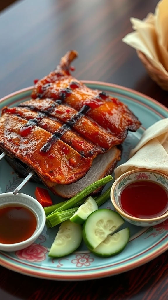 A plate of crispy Peking duck with vegetables and sauces