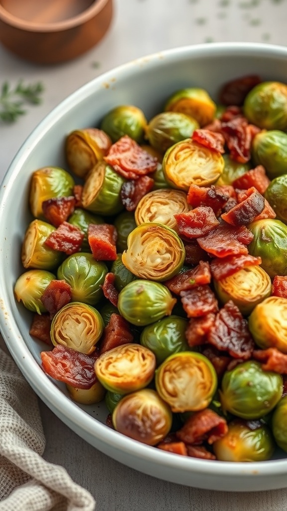 A dish of crispy roasted Brussels sprouts with bacon, showcasing golden-brown sprouts and crunchy pieces of bacon.