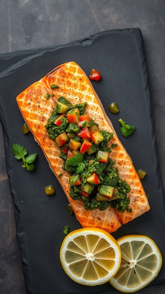 Crispy skin salmon topped with salsa verde and garnished with lemon slices