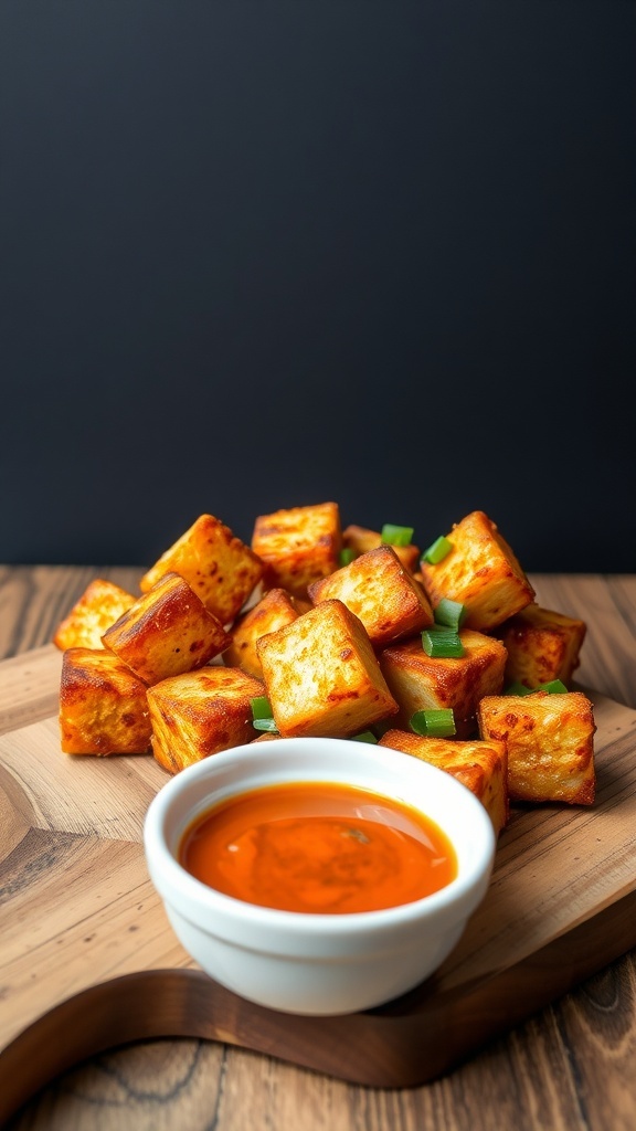 A plate of crispy tofu bites served with a dipping sauce.