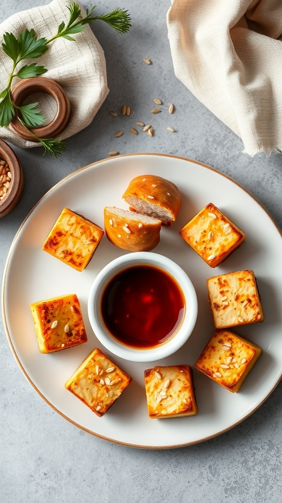 A plate of crispy tofu bites served with a dipping sauce, garnished with sesame seeds and fresh herbs.