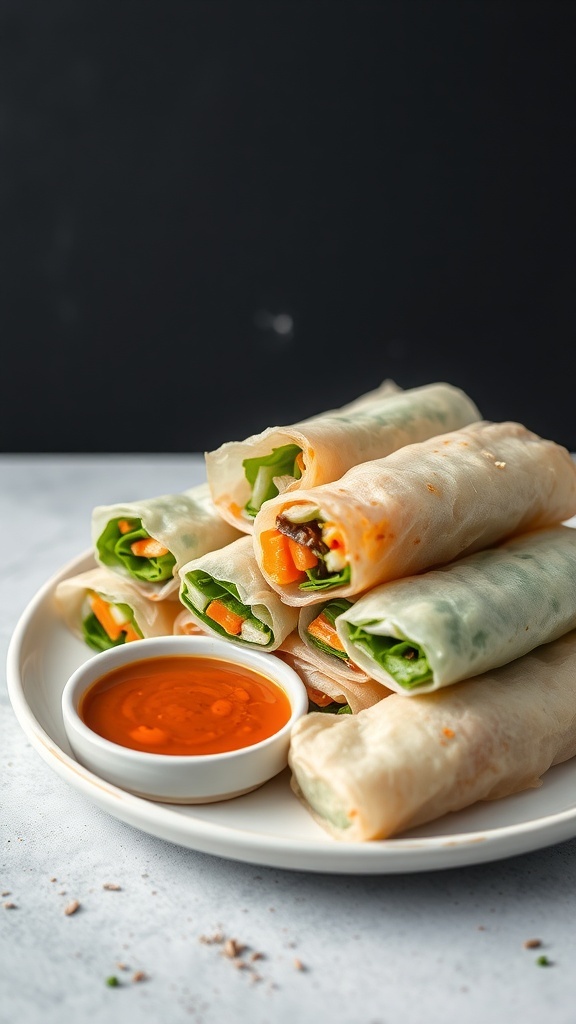 A plate of crispy vegetable spring rolls with a side of dipping sauce.
