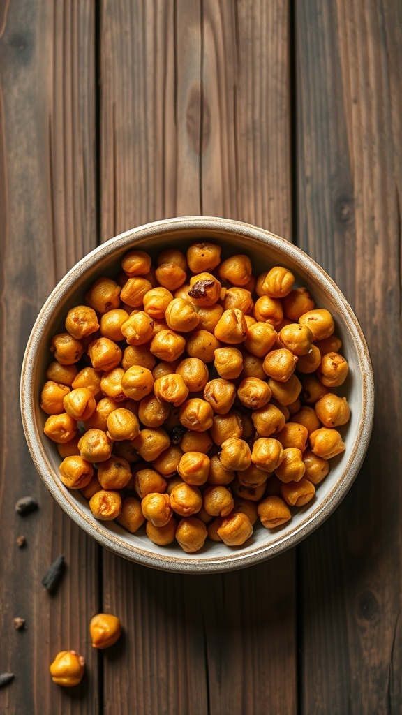 A bowl of crunchy roasted chickpeas on a wooden table.