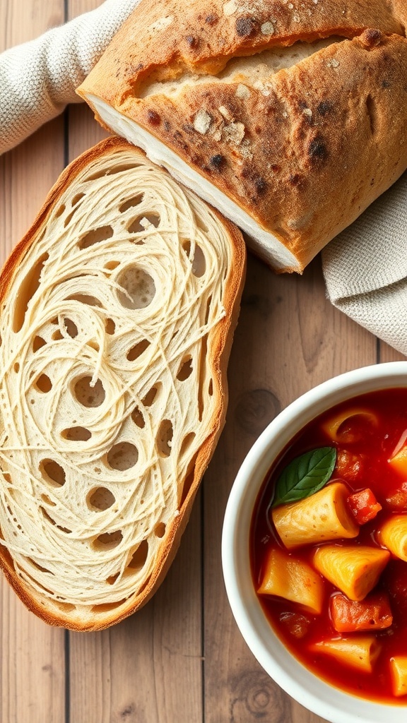 A bowl of lasagna soup next to a loaf of crusty bread on a wooden table.