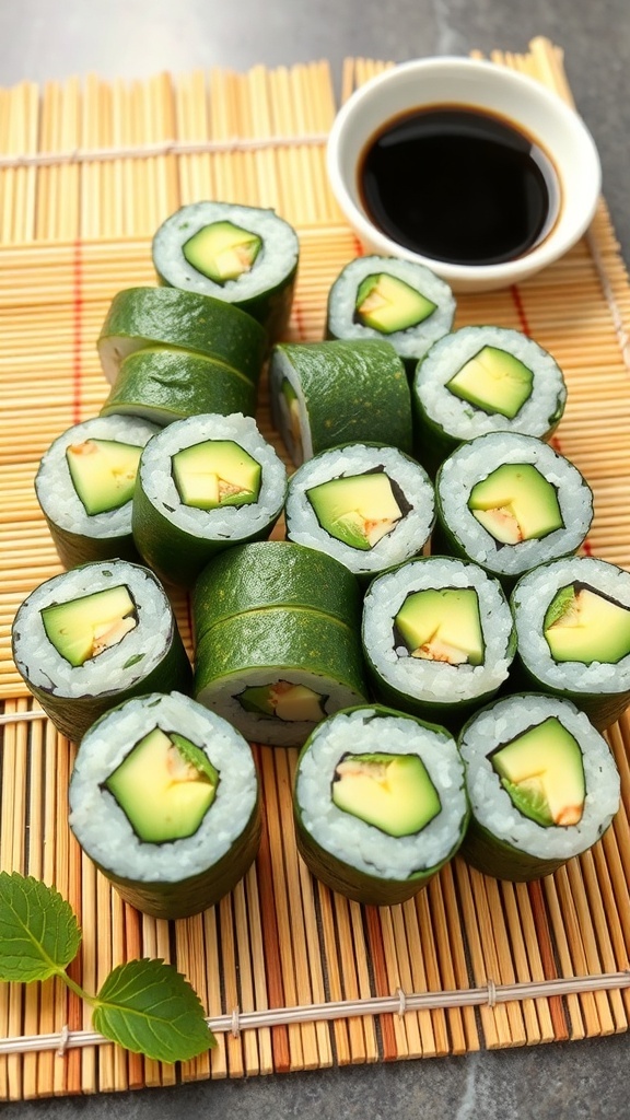 A plate of cucumber and avocado sushi rolls with a small bowl of soy sauce.