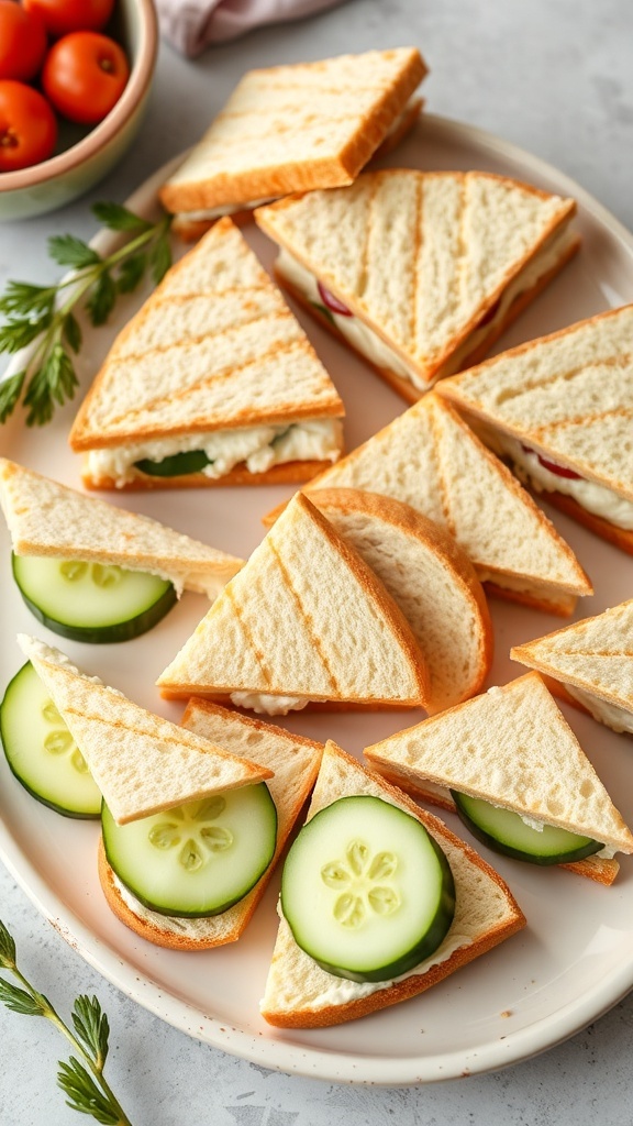 A plate of cucumber and cream cheese sandwiches cut into triangles, with slices of cucumber and cherry tomatoes on the side.