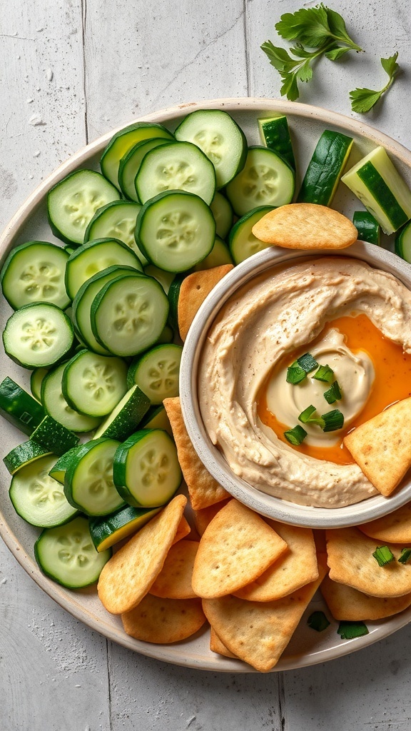 A snack platter featuring sliced cucumbers, hummus with olive oil, and crackers.