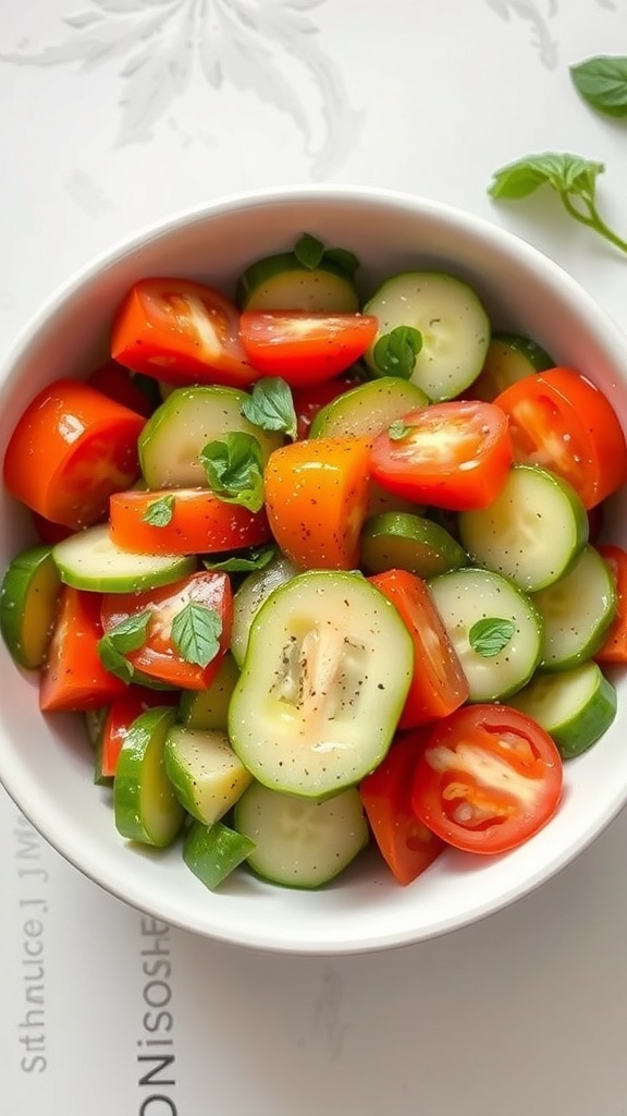 A bowl of cucumber and tomato salad with fresh herbs