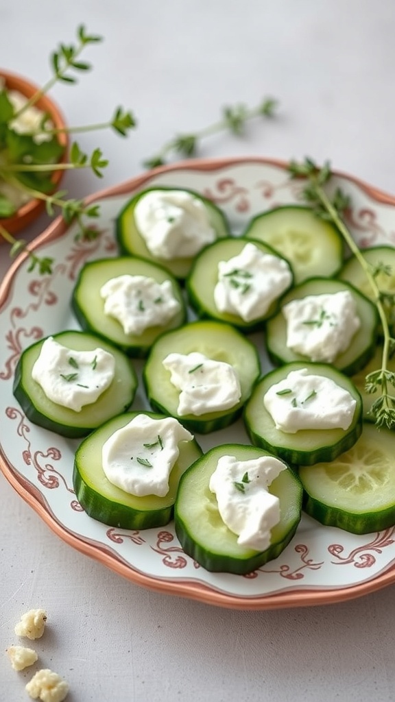A plate of cucumber slices topped with cream cheese and herbs.