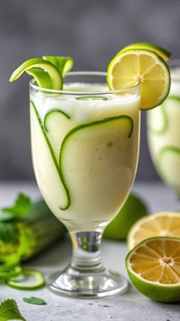A refreshing cucumber lime smoothie garnished with lime slices.
