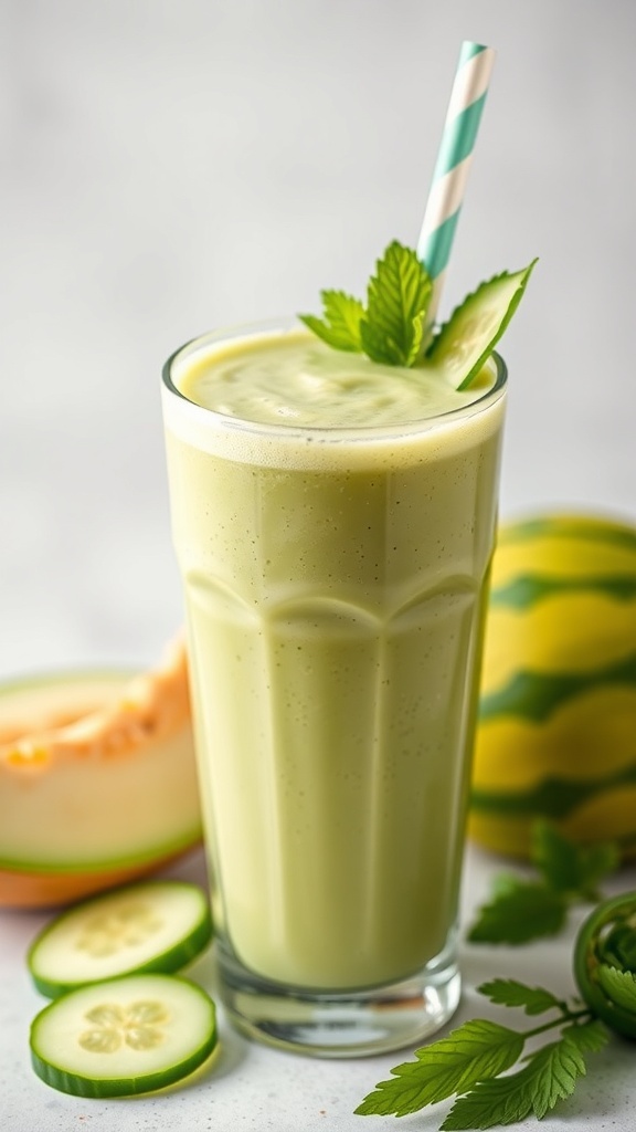 A refreshing cucumber melon smoothie in a glass with a straw, garnished with mint and cucumber slices.