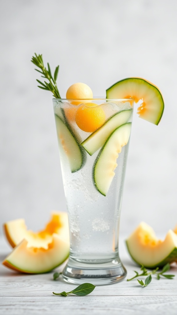 A refreshing Cucumber Melon Refresher mocktail in a glass, garnished with cucumber slices, melon balls, and a sprig of rosemary.