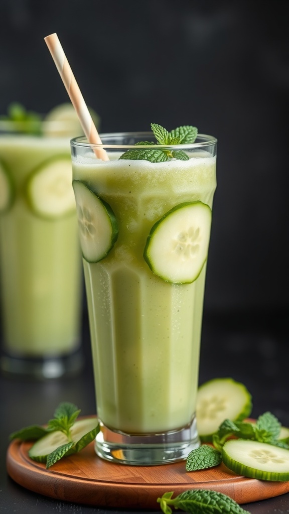 A refreshing cucumber mint cooler smoothie in a tall glass, garnished with cucumber slices and mint leaves.