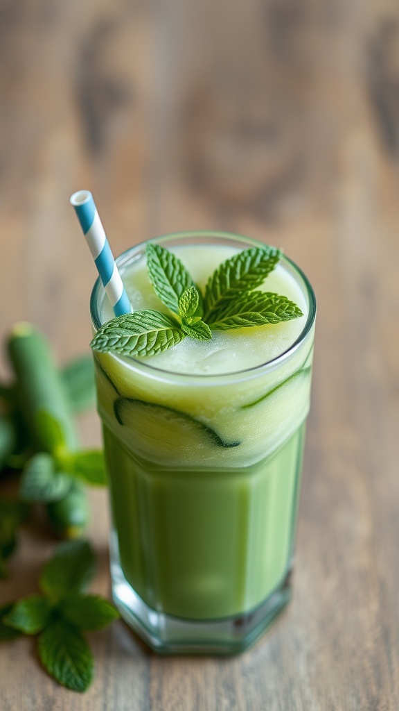 A refreshing cucumber mint smoothie in a glass, garnished with mint leaves and a straw.