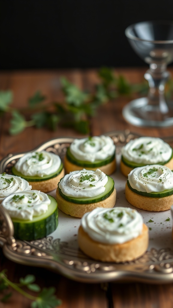 A plate of cucumber sandwiches with cream cheese and dill, garnished with herbs.