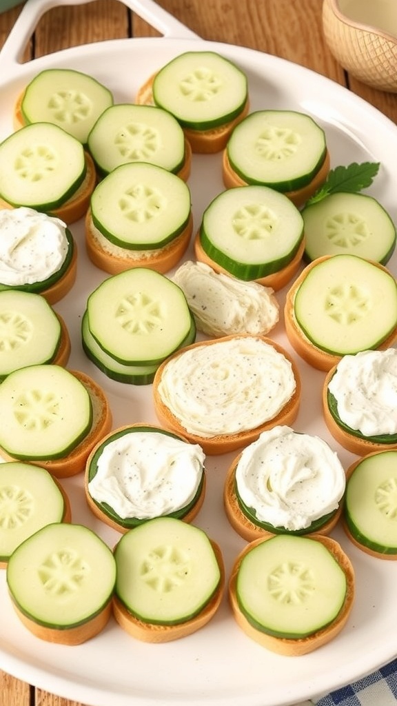 A plate of cucumber sandwiches with cream cheese, showcasing slices of cucumber on bread.