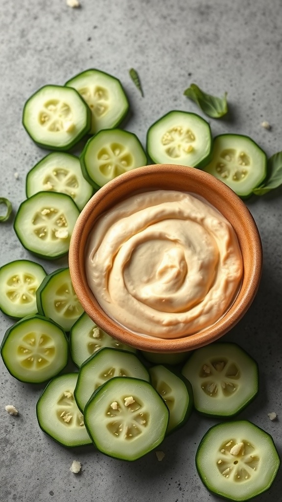 Cucumber slices arranged around a bowl of hummus