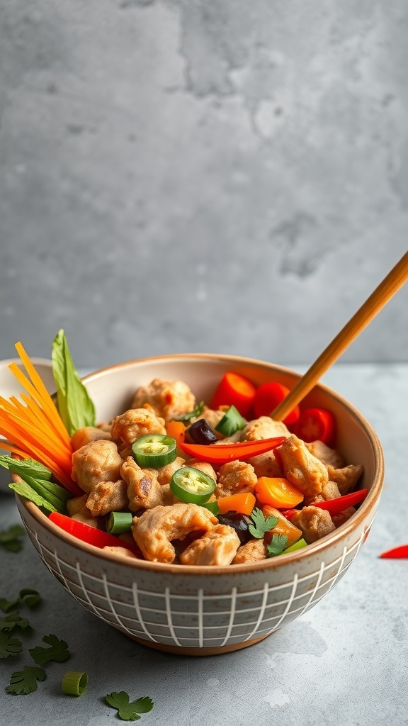 A colorful Bang Bang Chicken Bowl filled with crispy chicken, fresh vegetables, and garnished with herbs.