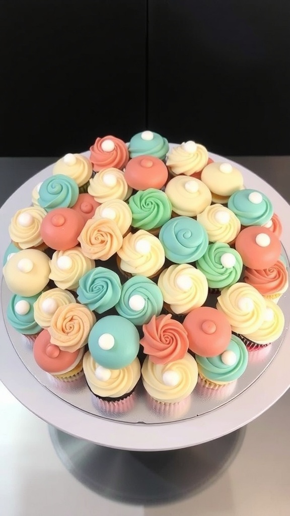 A creative cupcake cake design featuring various cupcakes arranged around a central cake.