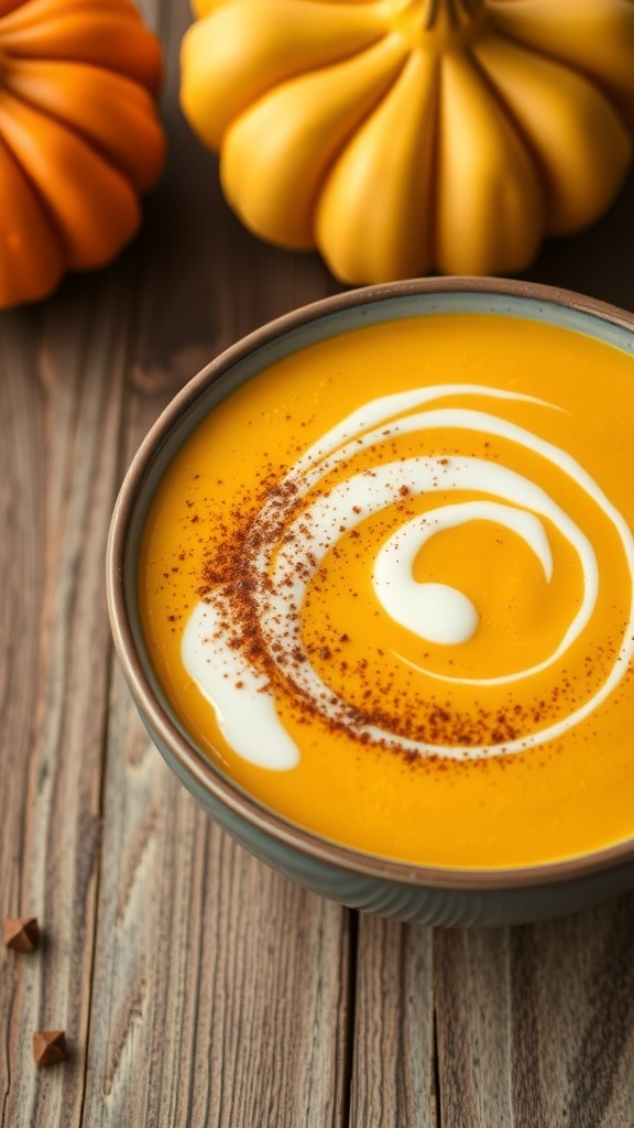 A bowl of curried butternut squash soup with a swirl of cream and spices, surrounded by pumpkins.