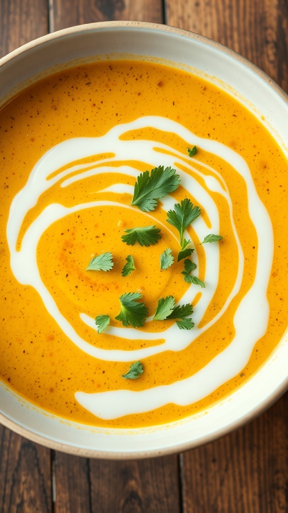 A bowl of curried cauliflower soup with a swirl of yogurt and fresh cilantro on top.