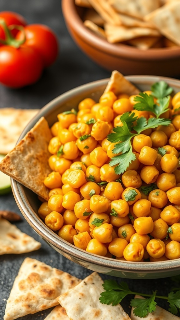 A bowl of curried chickpea salad with pita chips and fresh cilantro.