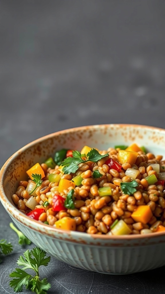 A bowl of colorful Curry Lentil Salad with lentils, diced vegetables, and fresh cilantro.