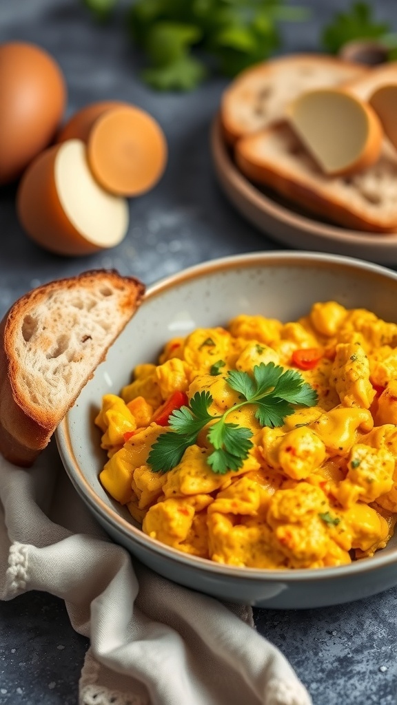 A bowl of curry spiced scrambled eggs with bread and eggs in the background