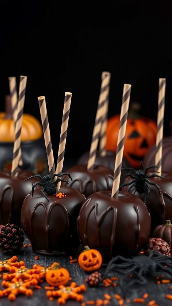 Dark chocolate-covered candy apples with striped straws and spooky decorations for Halloween.