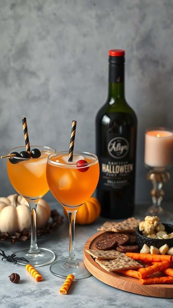 Halloween-themed cocktails with a charcuterie board featuring snacks and a bottle of wine.