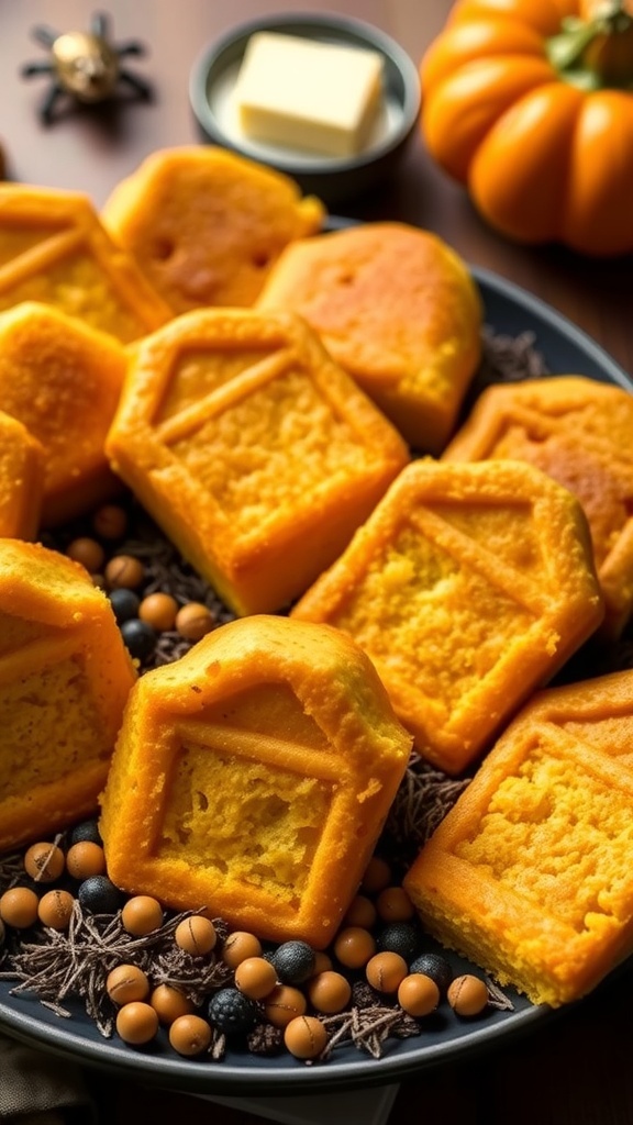 A plate of Halloween-themed cornbread shaped like tombstones, decorated with a pumpkin and a bat.