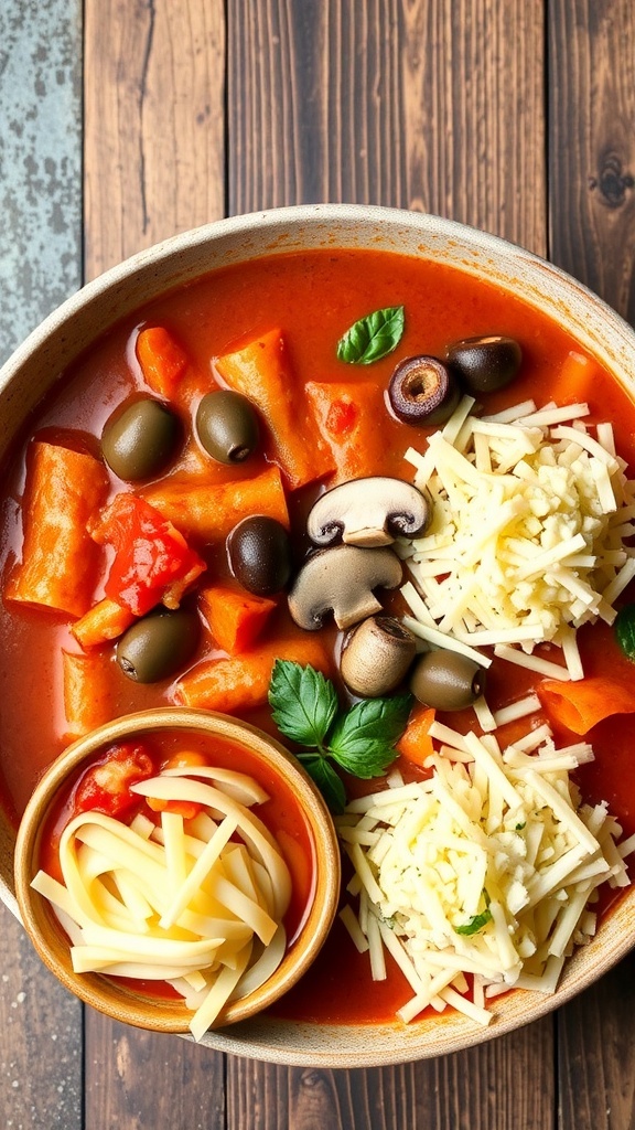 Ingredients for lasagna soup including cheese, mushrooms, olives, and fresh herbs.