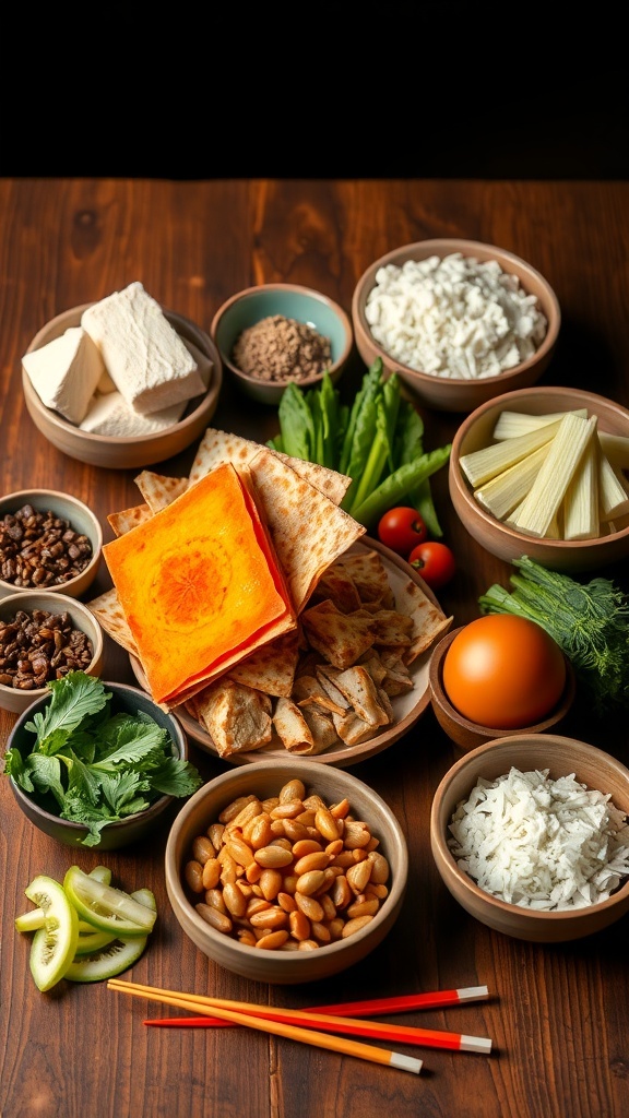 A variety of ingredients for a customizable Bang Bang Chicken Bowl, including rice, vegetables, tofu, and sauces.