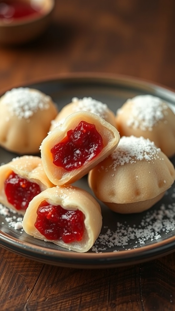 A plate of daifuku mochi filled with sweet red filling, dusted with powdered sugar.