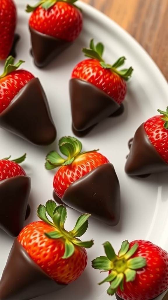 A plate of dark chocolate-dipped strawberries arranged neatly.