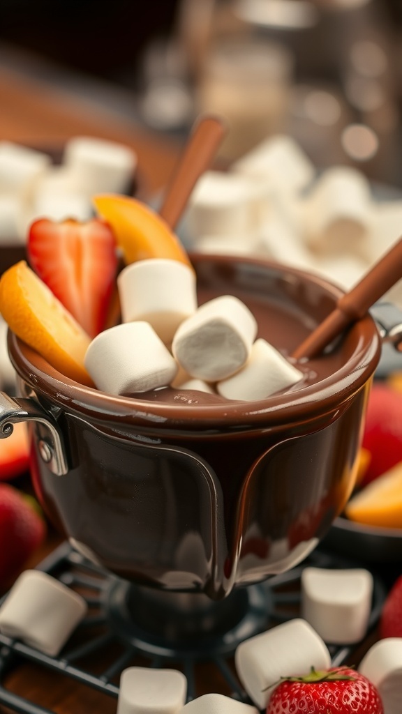 A chocolate fondue pot surrounded by fresh fruits and marshmallows.