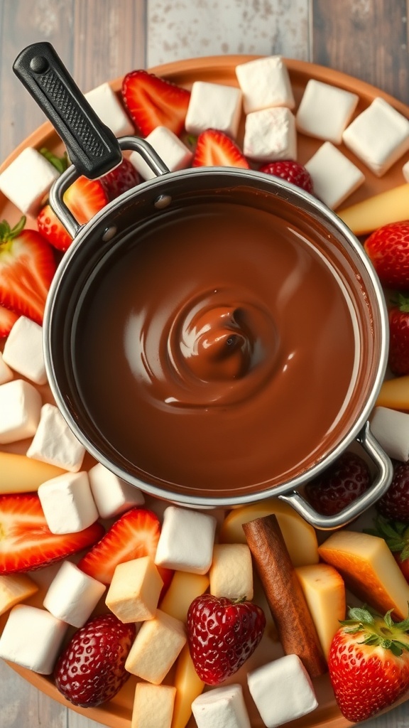 A pot of melted chocolate surrounded by fresh strawberries, marshmallows, and cake cubes for dipping.