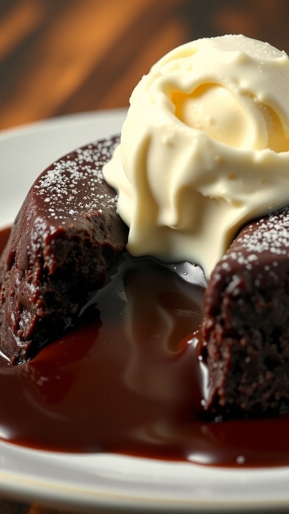 A rich chocolate lava cake topped with vanilla ice cream and drizzled with chocolate sauce.