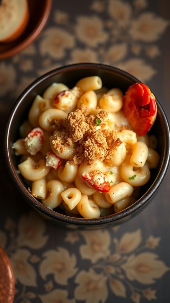 A bowl of lobster mac and cheese with pasta and lobster pieces
