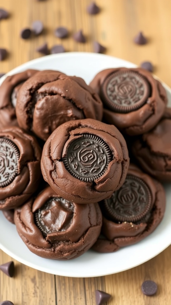 A tempting plate of Oreo Stuffed Chocolate Cookies with an Oreo visible in the center, on a rustic wooden table.